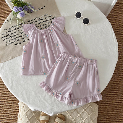 Girls' Summer Fashion Set Children's Flower Print Flying Sleeve Top+Shorts Two Piece Cute Little Girl Refreshing Set