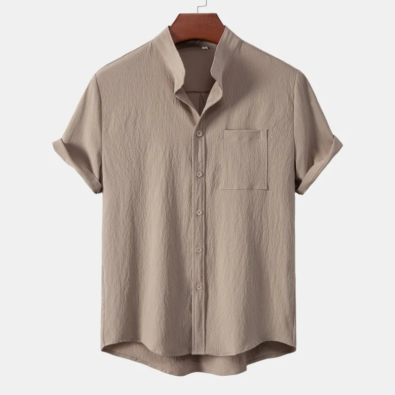 2026New men's short sleeved solid color standing collar cardigan casual shirt for foreign trade
