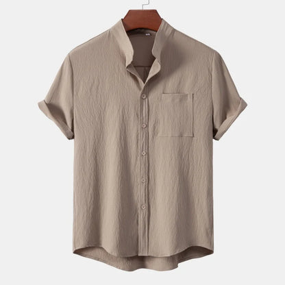 2026New men's short sleeved solid color standing collar cardigan casual shirt for foreign trade