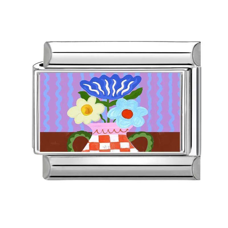 2025 Women's Fashion Colorful Flowers Oil Painting Style Series Italian Charms Fit 9mm Stainless Steel Bracelet DIY Jewelry Gift