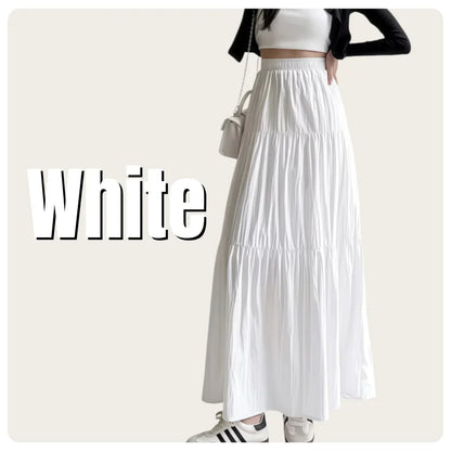 Korean Casual Style Women's Spring and Summer High-Waisted Elastic Band Lined White Layered Midi Skirt