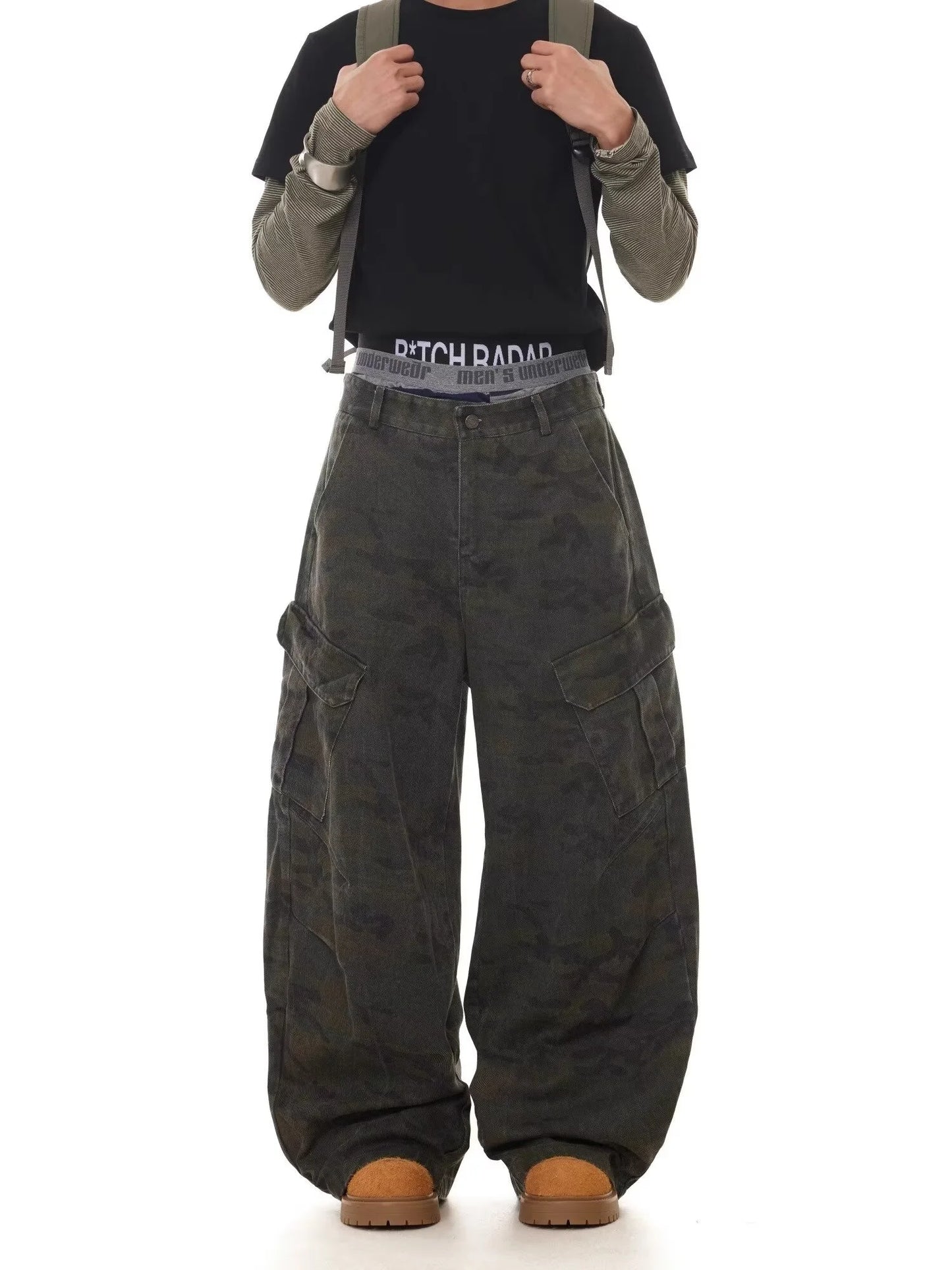 American Retro Multi-pocket Camouflage Silhouette Scimitar Jeans Niche Baggy Wide-leg Sickle Casual Pants Hoodies Men's Clothing