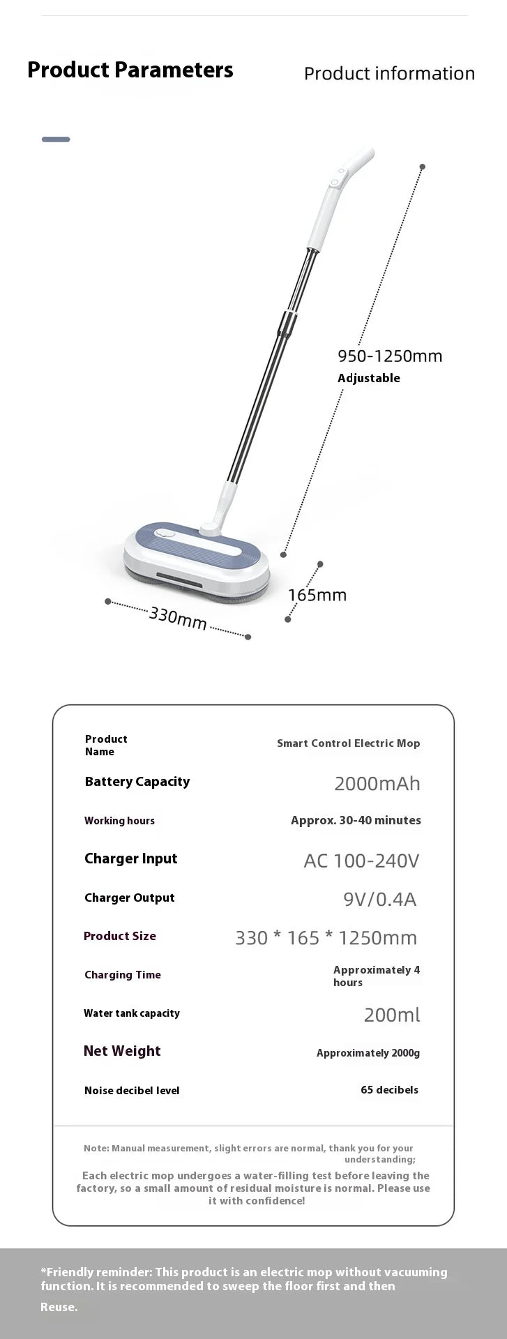 1 Wireless Rechargeable Water Spray Electric Mop, Easy To Operate, Suitable For Home Dormitory Office And Other Use