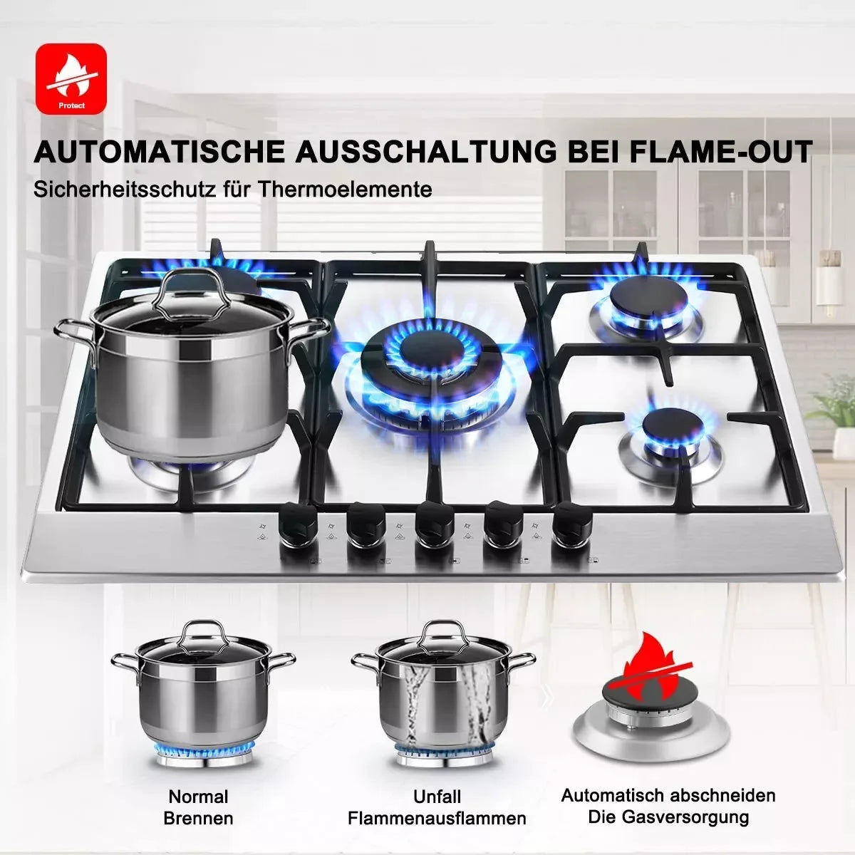 TopStrong 2/4/5 Burner 4200W Stainless Steel Auto Flame Protection Built-in for Natural Gas/Propane, Easy Clean, 30cm‌ Gas Hob