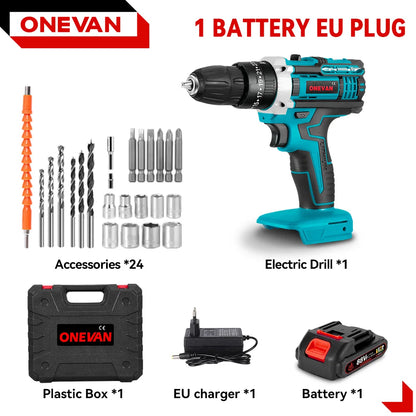 ONEVAN 25+3 Torque Electric Drill Portable Cordless Impact drill Furniture Wood Power Screwdriver Tools For Makita Battery Pin