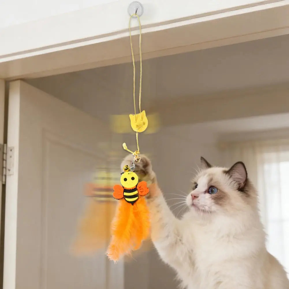 Hanging Cat Toy Swinging Cat Toy with Elastic Rope Feathers Self-play Teaser for Indoor Cats Hanging Bell Hunting Stimulator