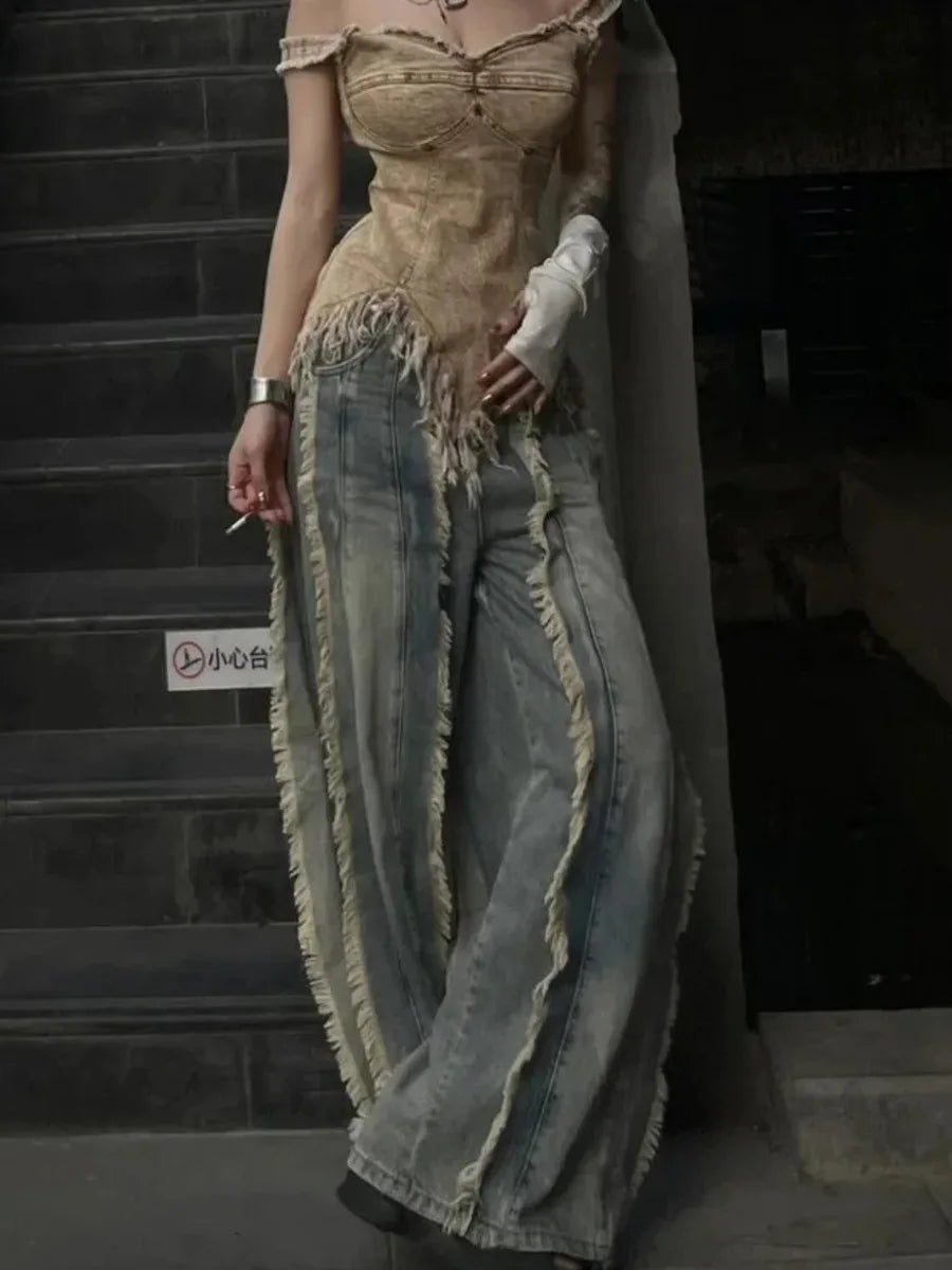 Vintage Women Washed Y2K Baggy Japanese 2000s Denim Trouser Casual Tassels Pants Female Street Trashy Retro High Waist Jeans