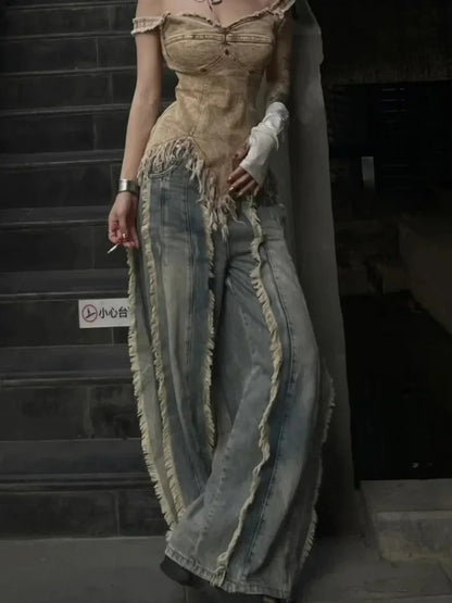 Vintage Women Washed Y2K Baggy Japanese 2000s Denim Trouser Casual Tassels Pants Female Street Trashy Retro High Waist Jeans