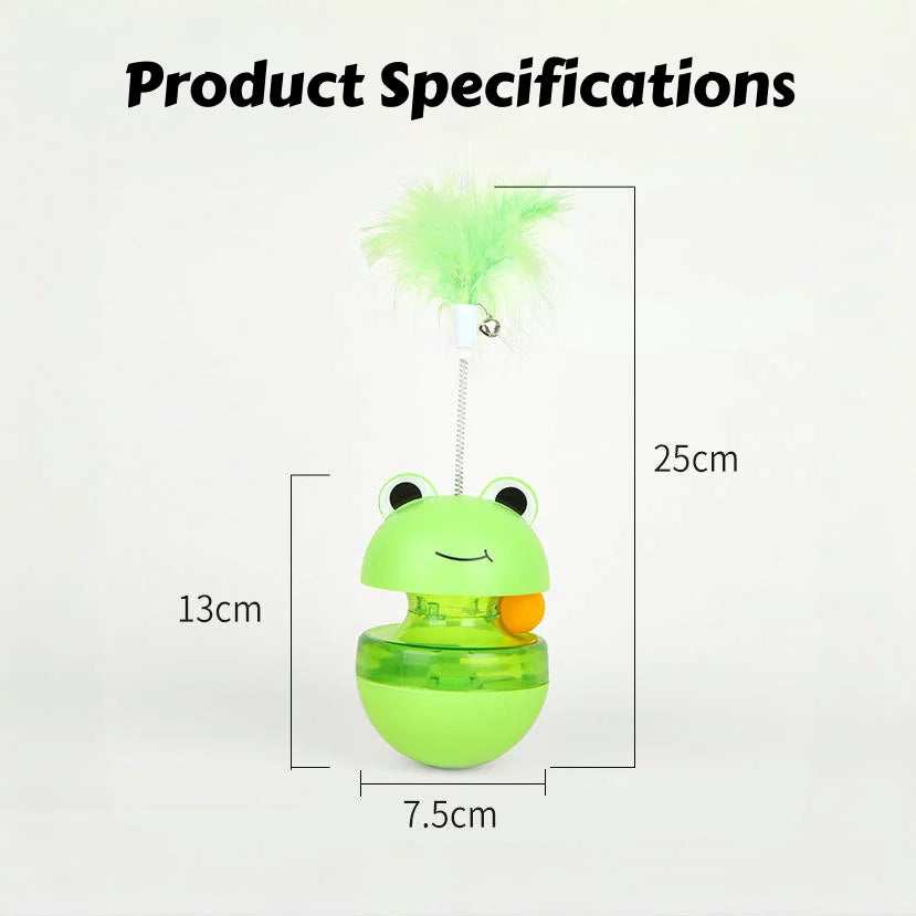 Frog Wobbler Cat Toy with Feather Teaser Spin Tipping Motion Treat Dispenser Self Feeder for Indoor Solo Play
