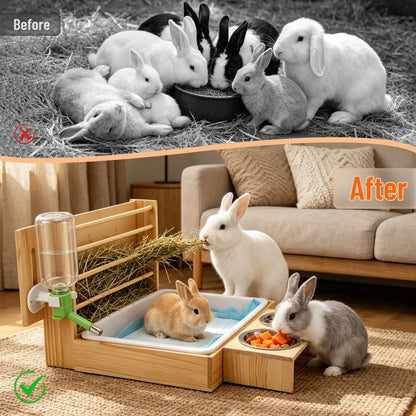 4-in-1 Hay Grater For Rabbits, Feeding Station Removable Hay Distributor For Guinea Pigs With Litter Tray, 2 Trays And Bottle Wood Feeder For Small Animals