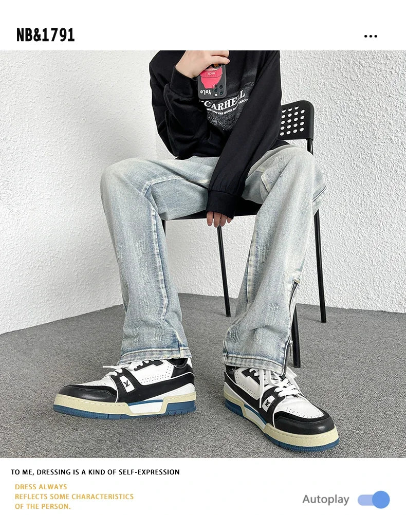 2024 Spring Autumn Korean Men Fashionable Retro Street Jeans Zip Design on Trouser Legs Straight-leg Denim Pants Men's Clothing