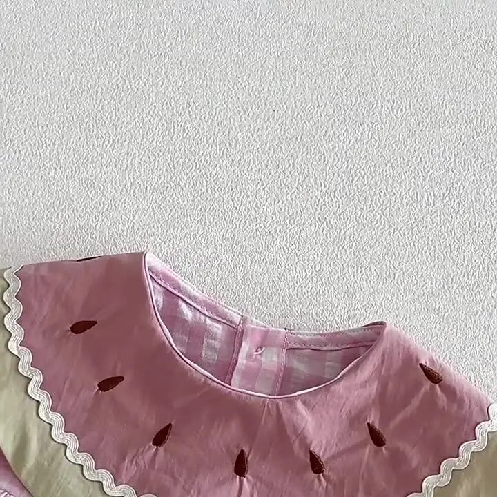 2026 Summer Childrens Clothes Watermelon Collar Baby Bodysuit with Patch Pockets Pink-white Check Girls Dress