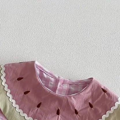2026 Summer Childrens Clothes Watermelon Collar Baby Bodysuit with Patch Pockets Pink-white Check Girls Dress