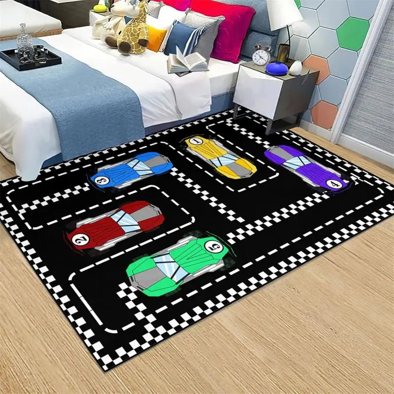 Construction Car Print Area Rug Washable Carpets for Kids Bedroom Living Room Kitchen Entrance Mat Non Slip Flannel Mats