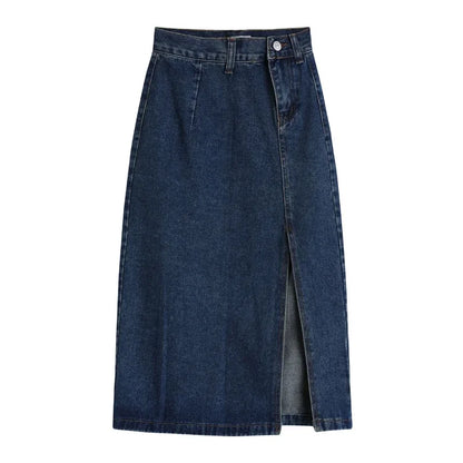 Korean Style Slim Bodycon Blue Skirts For Women 2026 Spring Summer New High Waist Split Denim Midi Skirt
