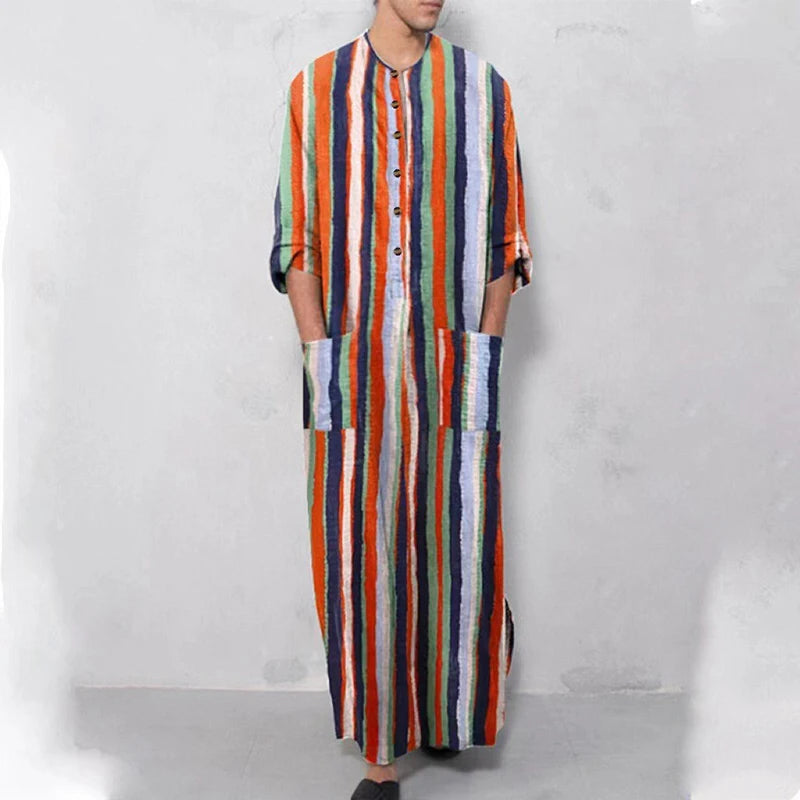 New Men Islam Qamis Muslim Striped Robes Long Sleeve Button-down Arabian Kaftan Suit Middle East Dubai Abaya Summer Man Clothing