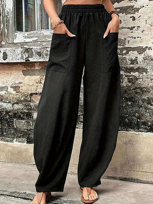 Plus Size Women's Cotton-Linen Harem Trousers Retro Loose-Fit Casual Trousers Elasticated Waistband Workwear Wide-Leg Trousers