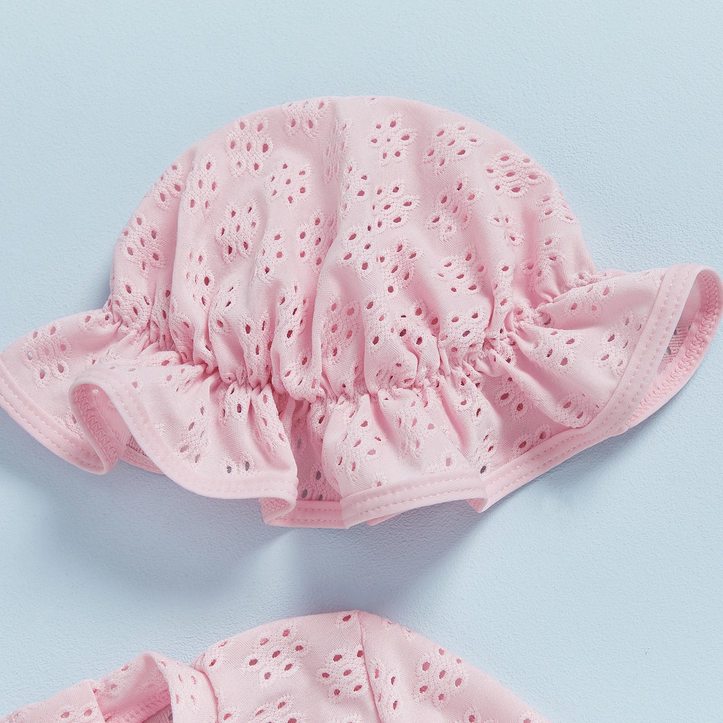 Infant Baby Girl Eyelet Swimsuit with Swimming Hat Toddler 2 Pcs Set Long Sleeve Round Neck Ruffled Romper Kids Bathing Suit