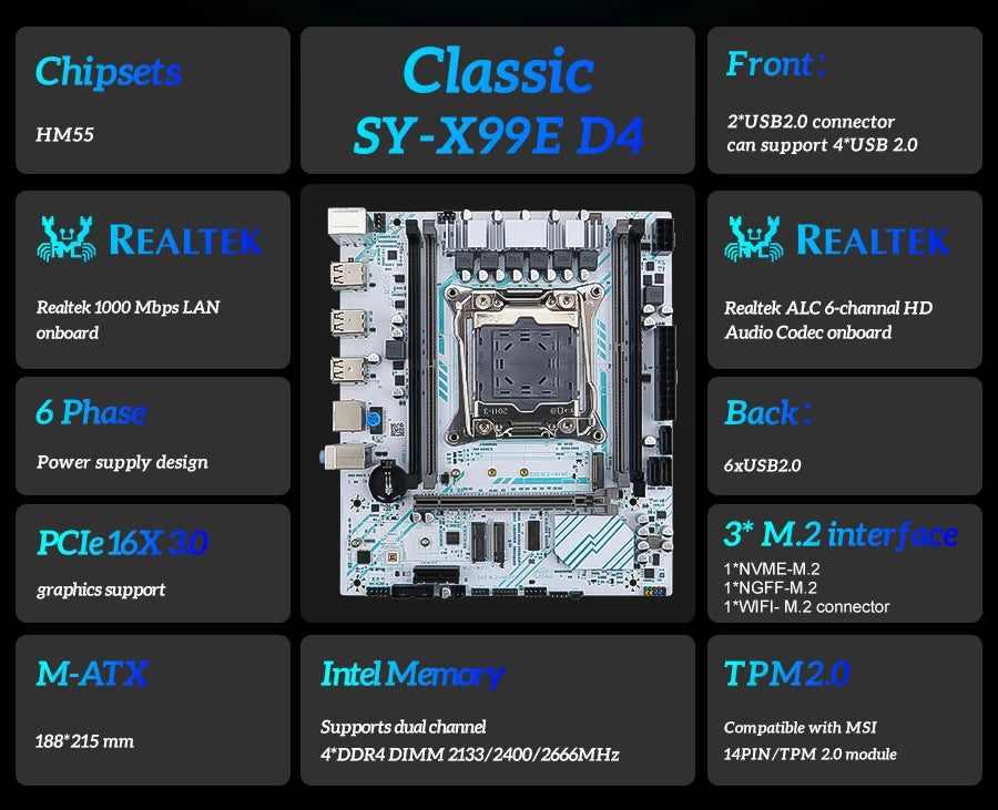 SOYO X99 Motherboard LGA 2011-3 Set Kit Xeon E5 2680 V4 CPU Processor 16G=1*16G DDR4 REG ECC RAM Memory M.2 NAME For Computer