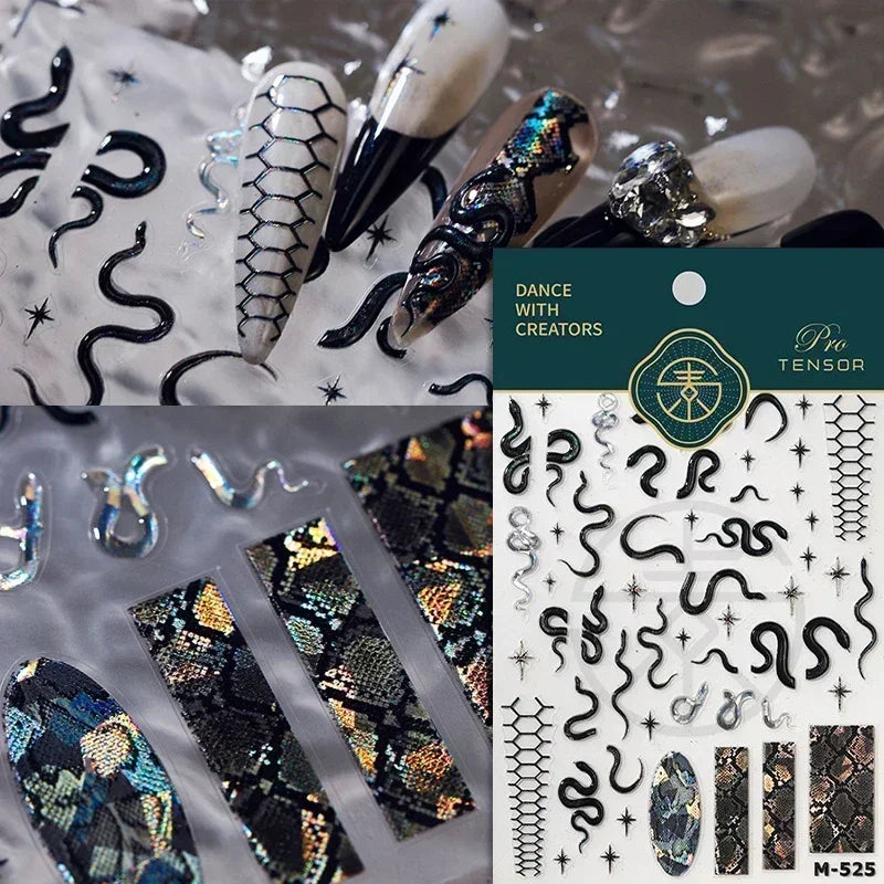 5D Gold Stamped Silver Sun Stars Snake Nail Art Stickers Totems Reliefs Self Adhesive Dark Chinese Style Manicure Decals