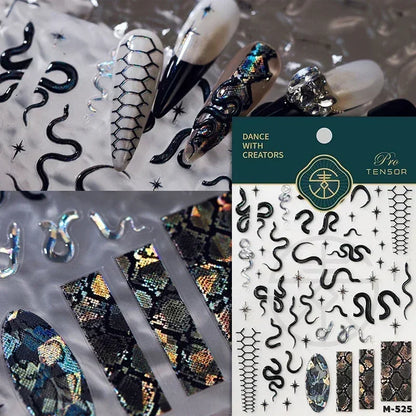 5D Gold Stamped Silver Sun Stars Snake Nail Art Stickers Totems Reliefs Self Adhesive Dark Chinese Style Manicure Decals