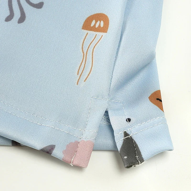 Baby Toddler One-piece Swimsuit With Hat Cartoon Print Kids Short Sleeve Zipper Swimwear Sun Protection For 0-7Y Boys Girls