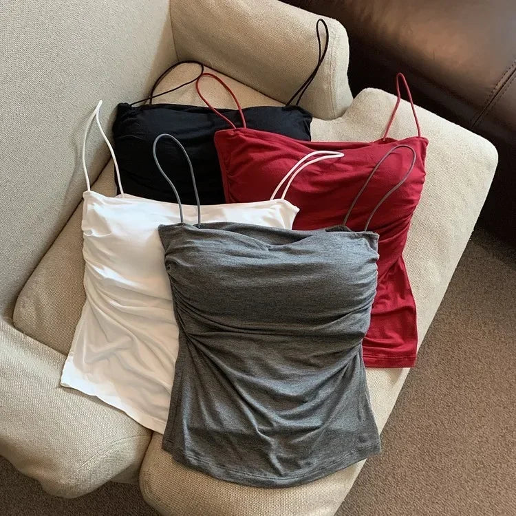 Women With Built In Bra Spaghetti Strap Tanks Summer Camis Tank Casual Tops  For Woman Solid Color Female Korean Style