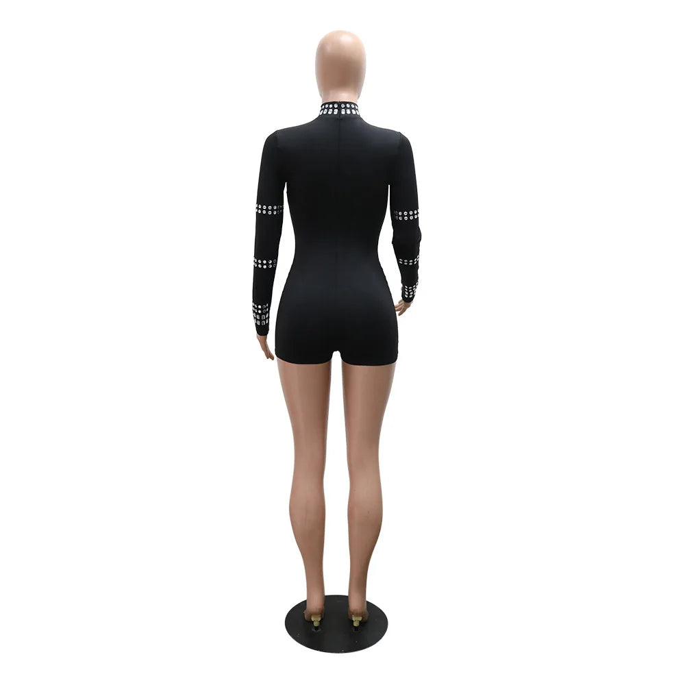Leosoxs Women Diamonds Hot Rhinestones Long Sleeve Short Jumpsuits 2024 Summer Sexy Party Club One Piece Suit Rompers Playsuits