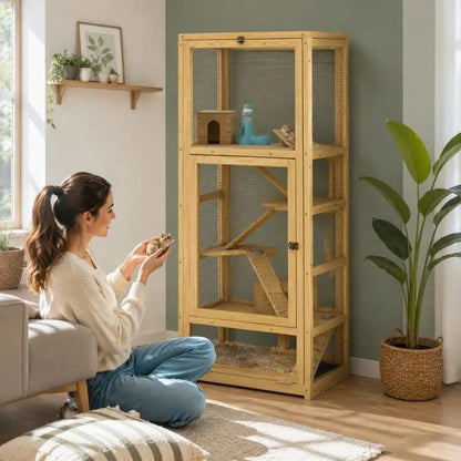 Cage for hamsters or small animals in wood 5 levels with niche balançoire 54 x 38 x 131 cm natural