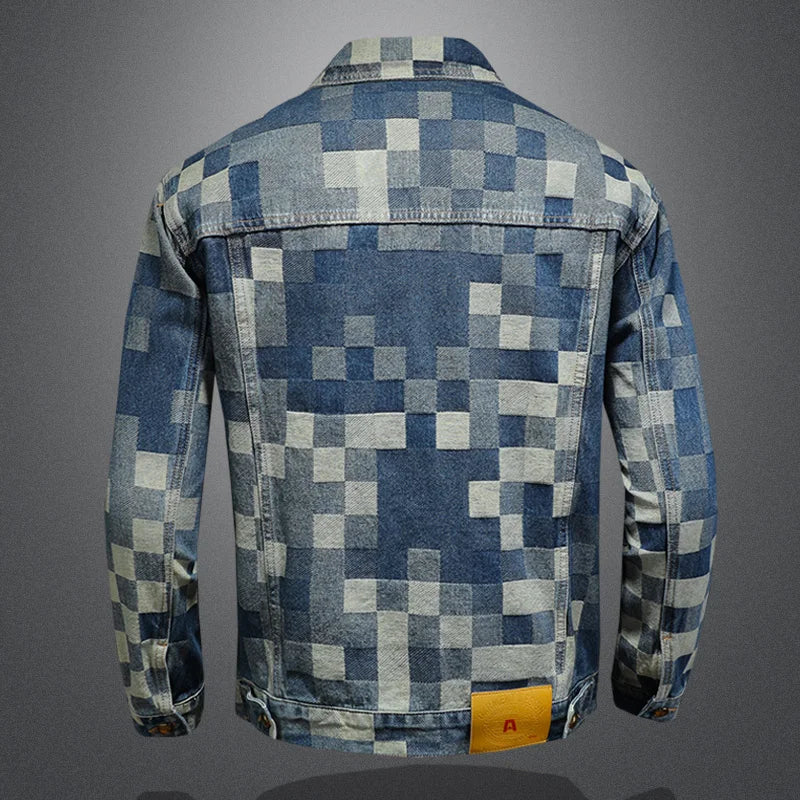 2025 Autumn Vintage Checkered Denim Jacket for Men Flip Collar Single Breasted Casual Business Jacket Social Street Wear Jeans