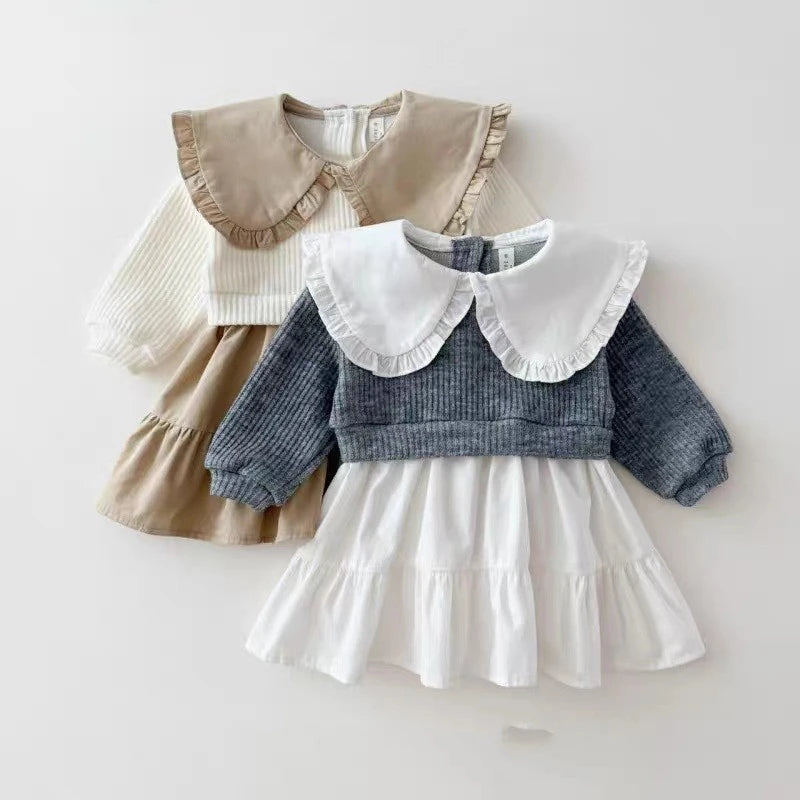Q2731 Korean Style Girls' Turn-down Collar Dress Pure Autumn Collection Princess Skirt Color Block Design Children's Apparel