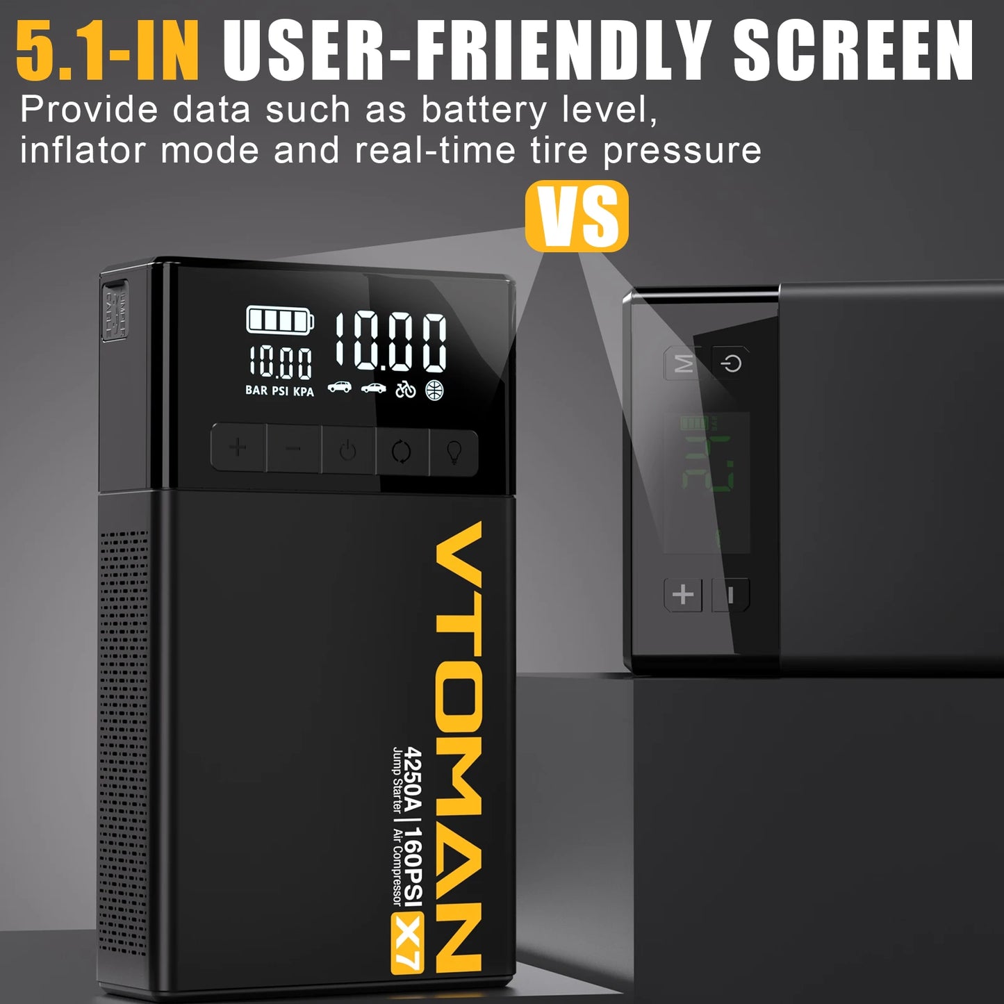 VTOMAN X7 4-in-1 Car Jump Starter 4250A - 160 PSI Air Compressor, 12V Car Battery Booster & Portable Power Bank