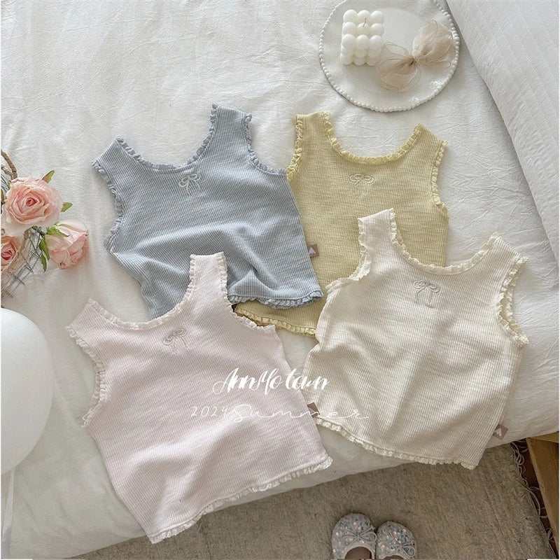 Girls' Ribbed Camisole with Embroidery & Ruffle Trim – Soft Spaghetti Strap Tank Top for Summer, Layering or Beach Wear