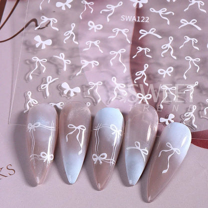 4/8pcs Bowknot Ribbon Nail Stickers Mini Kawaii Lace Bow Tie Design Self-Adhesive Nail Art Decals DIY Manicure Supplies Decor