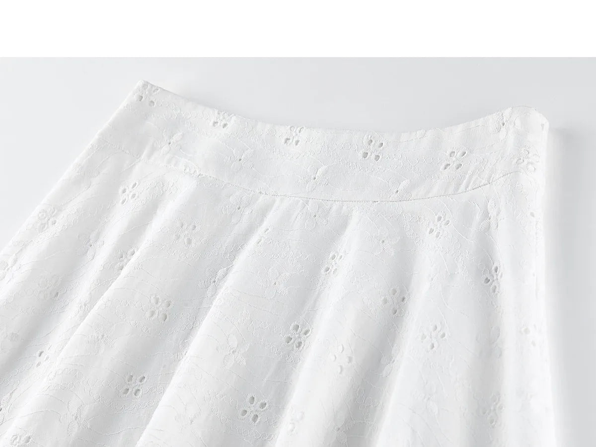 SENTUBILA Women's White Cotton Summer Skirt 2026 Woman Fashion Hollow Embroidery A-Line Short Skirt Female Clothes Q62QG7173