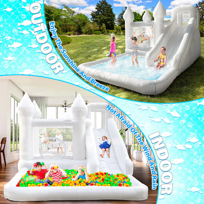 Commercial Grade White Inflatable Bounce House with Slide and Splash Pool, PVC Wet Dry Bouncy Castle for Wedding Party Rental