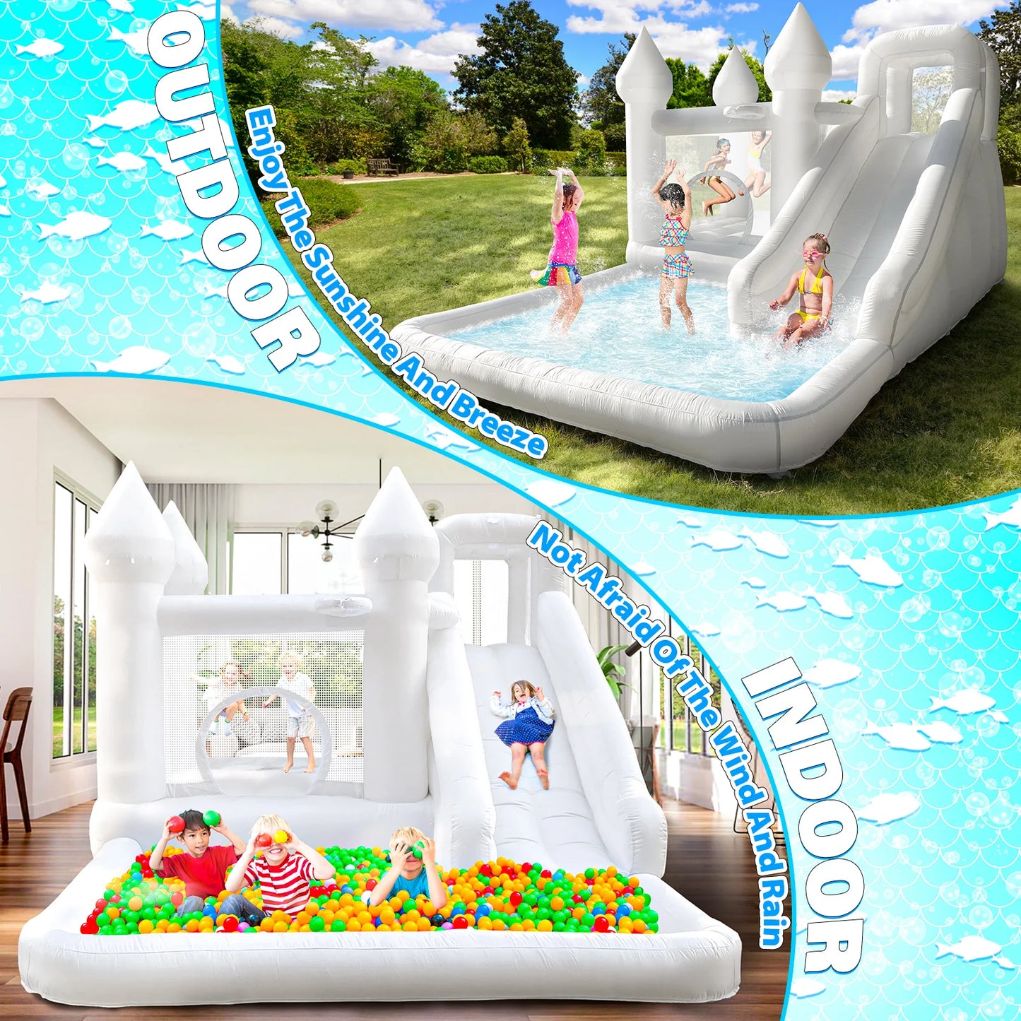 Commercial Grade White Inflatable Bounce House with Slide and Splash Pool, PVC Wet Dry Bouncy Castle for Wedding Party Rental