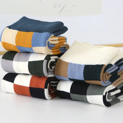 5 Pairs/Lot Combed Cotton Men's Socks Compression Fashion Colorful Square Happy Dress Men Casual Business Grid Gentleman British