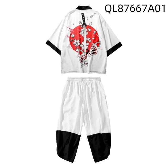 Large Size 5XL 6XL Japanese Kimono Cardigan Pants Set Print Fox Men Women Shirt Tradition Yukata Haori Obi Cosplay Costume