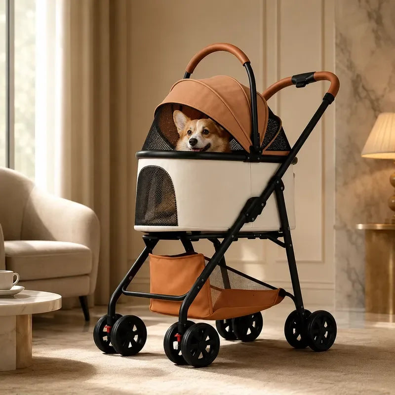 Foldable Pet Stroller Detachable Cabin Large Lower Basket Breathable Mesh Canopy For Cats Small Dogs Portable Travel Carrier