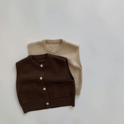 Children's Coat Autumn Children's Minimalist Pocket Sweater Kids Boys Girls Solid Color Cardigan Round Neck Vest Knitted Sweater