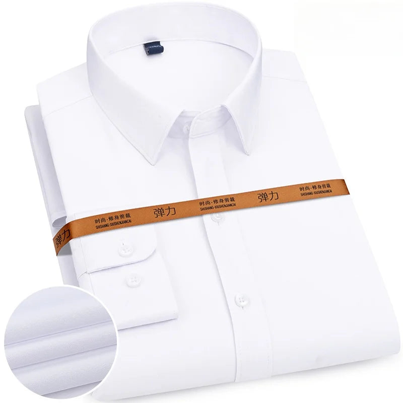 New Men's Solid Color Business Shirt Formal Fashion Thin Classic Basic Casual Slim White Long Sleeve Social Shirt Men Clothes