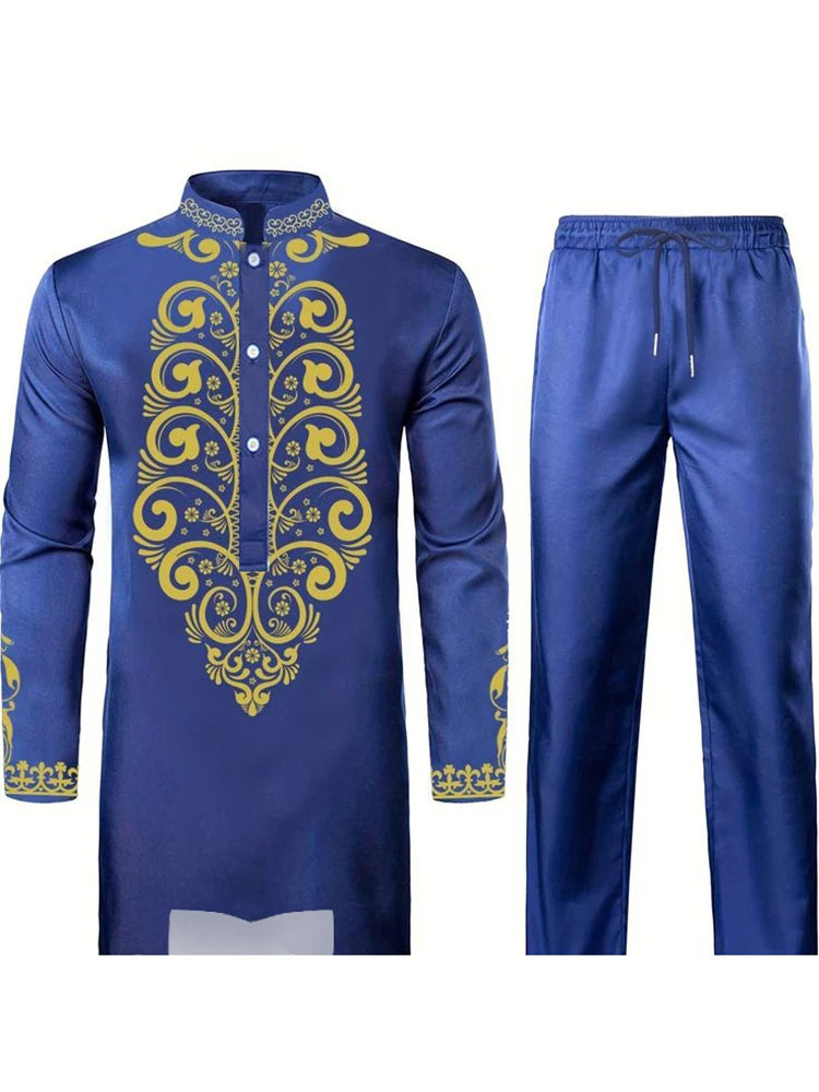Muslim Robe Trousers The Traditional Dress of Arab Men 3D Pattern Printing Black White Yellow Navy Blue Long-Sleeved