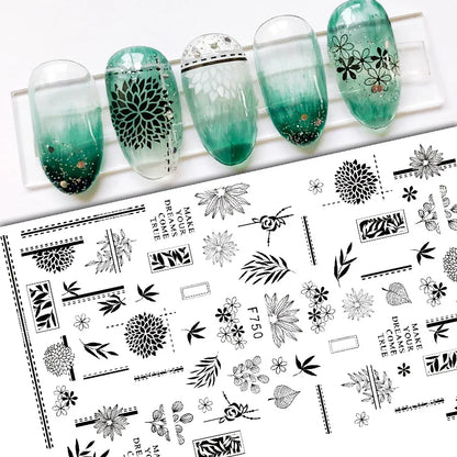 Black and White Love Flowers Line Art 3D Stickers Nail Decals Nail Art Accessories Butterfly Rose Nail Stickers Nail Sliders