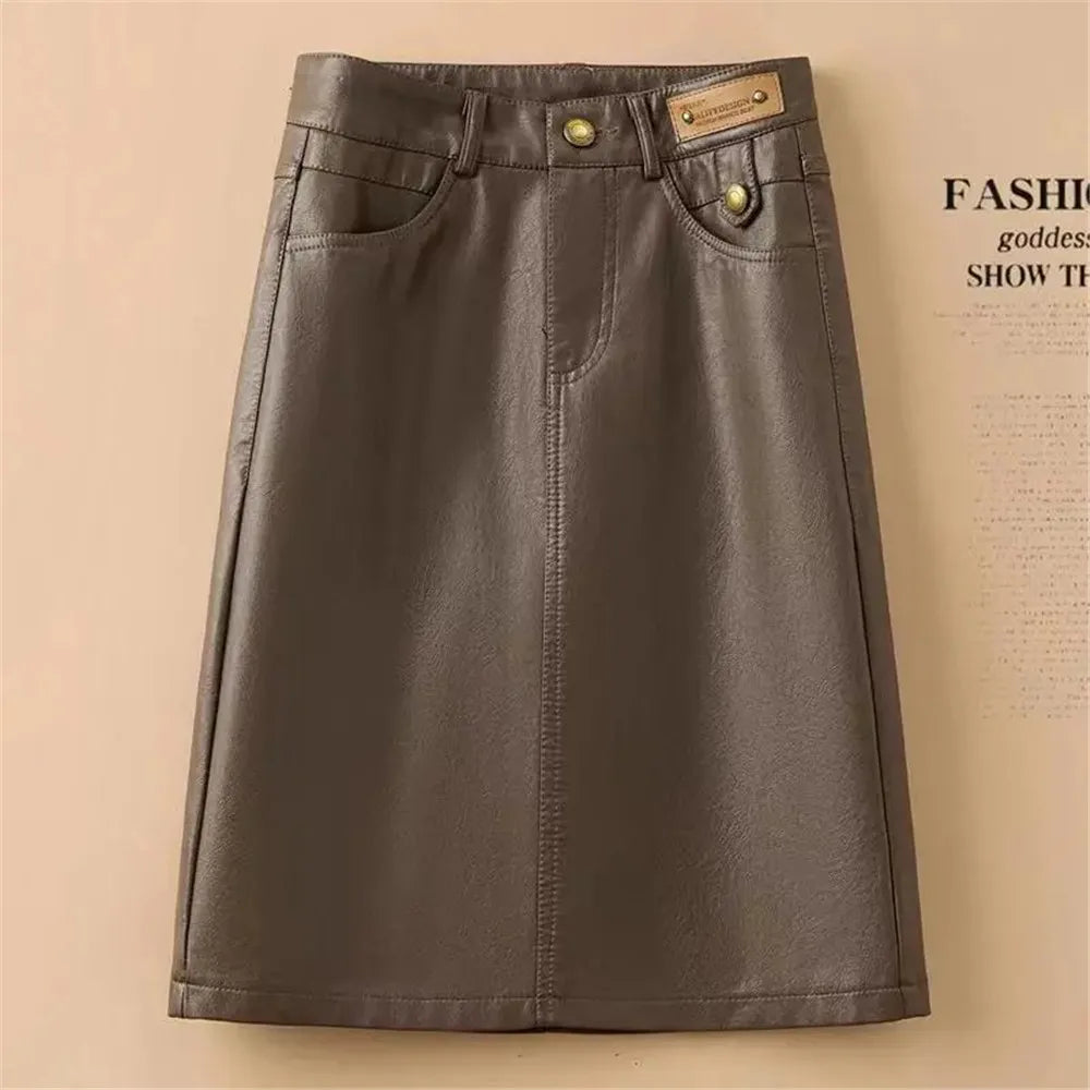 Spring Autumn Winter Leather Skirt Women New Fashion Black Brown High Waist PU A-Line Skirts Large Size S-5XL Female Midi Skirts