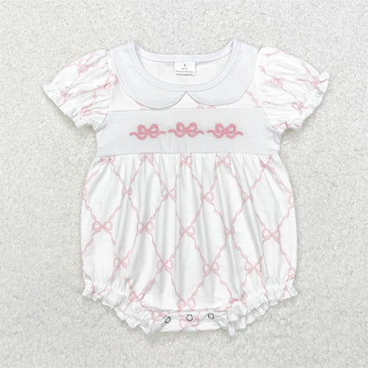 Wholesale Baby Girl Newborn Birthday Balloons Romper Bubble Embroidery Pink Plaid Bows Jumpsuit Kids Toddler Summer Clothes