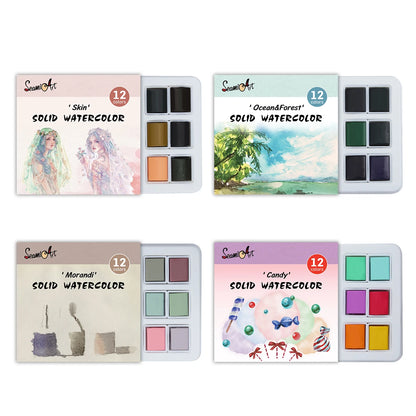 SeamiArt 12Color Skin/Ocean/Candy/Morandi Solid Watercolor Set Simple Package for Painting Art Supplies