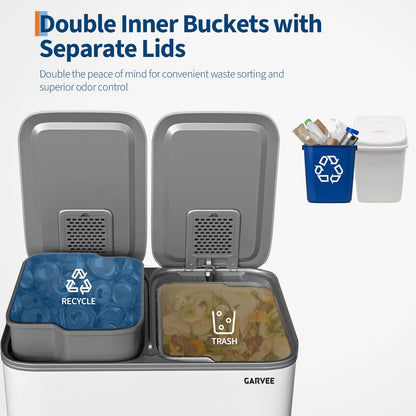 2 * 30L Stainless Steel TrashCan Dual Classification Foot Pedal Bins - Soft Close Lid/Removable Liner Buckets Recycling Solution