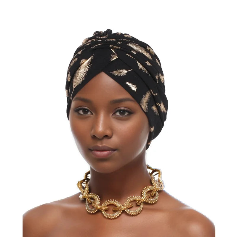 Feather Gold Stamping Fabric Turban Cap for Women African Wrap Head Bonnet Muslim Under Scarf Hat Turbante Mujer