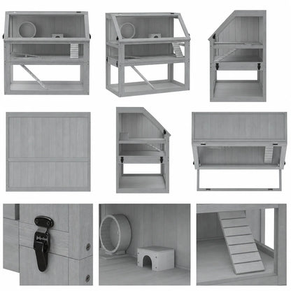 Wooden Hamster Cage 3 Story with Deep Base Removable Levels for Small Animals 80x50x76cm Light Gray